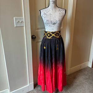 Black red ombre belly dance maxi skirt costume w/gold coin accents & tie waist